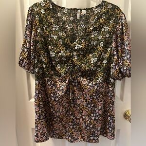 Cato Green and White Ruched Tie Front Blouse